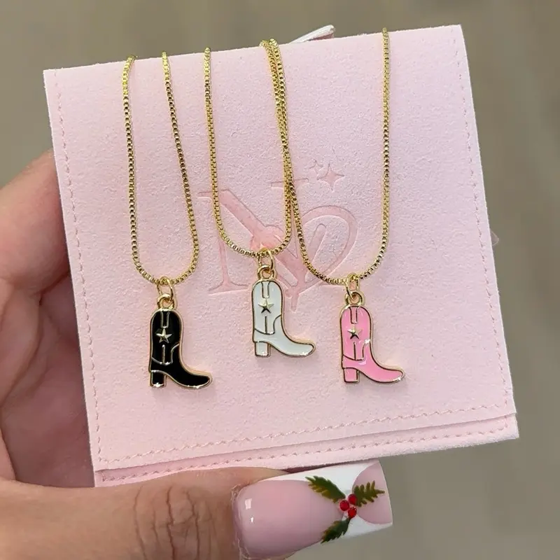 Cowboy Boot Enamel Necklace Set - Gold Chain with Black White & Pink Boot Charms for Women