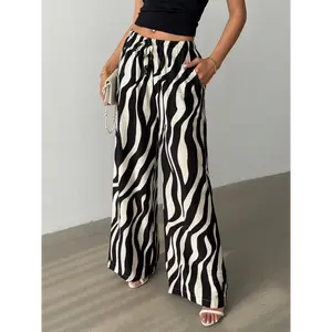 Women'S Casual Wide-Leg Zebra Print Pants with Elastic Waistband and Drawstring - Perfect for Summer, Adult, Relaxed Fit, Comfortable Clothing |