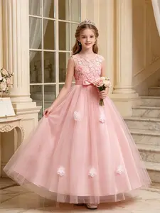 Girls' Floral Long Dress, Elegant Princess Gown, Wedding Flower Girl Dress, Birthday Party Dress, Evening Event Dress, Hostess