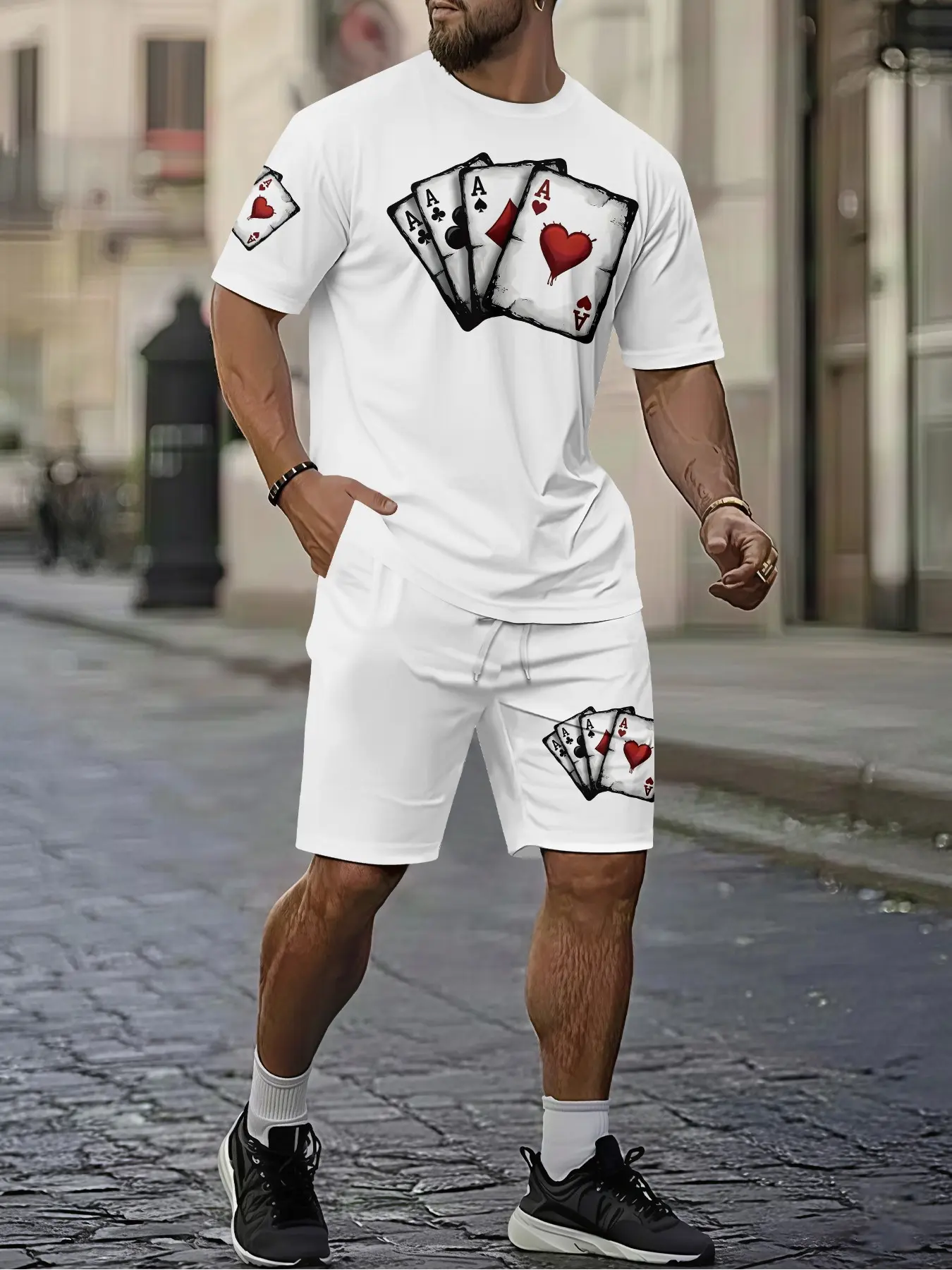 Men's 3D Digital Print 2-Piece Set, Peach a Print Simple T-Shirt Set, Trendy Retro Casual, Breathable Sport Style