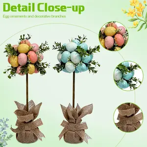 Set of 2 Easter Egg Tree Centerpiece - Pre-Decorated Easter Tree with Colorful Eggs & Artificial Leaves, Burlap Base Spring Table Decor for Easter Party, Mantel & Home Decoration