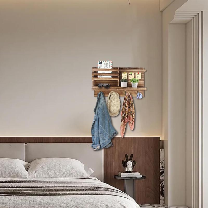 Wall Mount Key Organizer with 8 Hooks, Solid Wood Entryway Storage for Keys and Mail, Self Adhesive or Drill Installation, Rustic Home Decor for Hallway Bedroom Farmhouse (Burnt Brown)