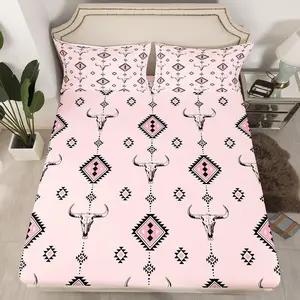 3-Piece Bull Skull Bed Sheet Set, Southwest Style Deep Pocket Bed Skirt, Geometric Aztec Pattern, All Seasons