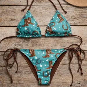 Turquoise Cowboy Boot Print String Bikini Set, Western Cowgirl Swimsuit Summer Beachwear