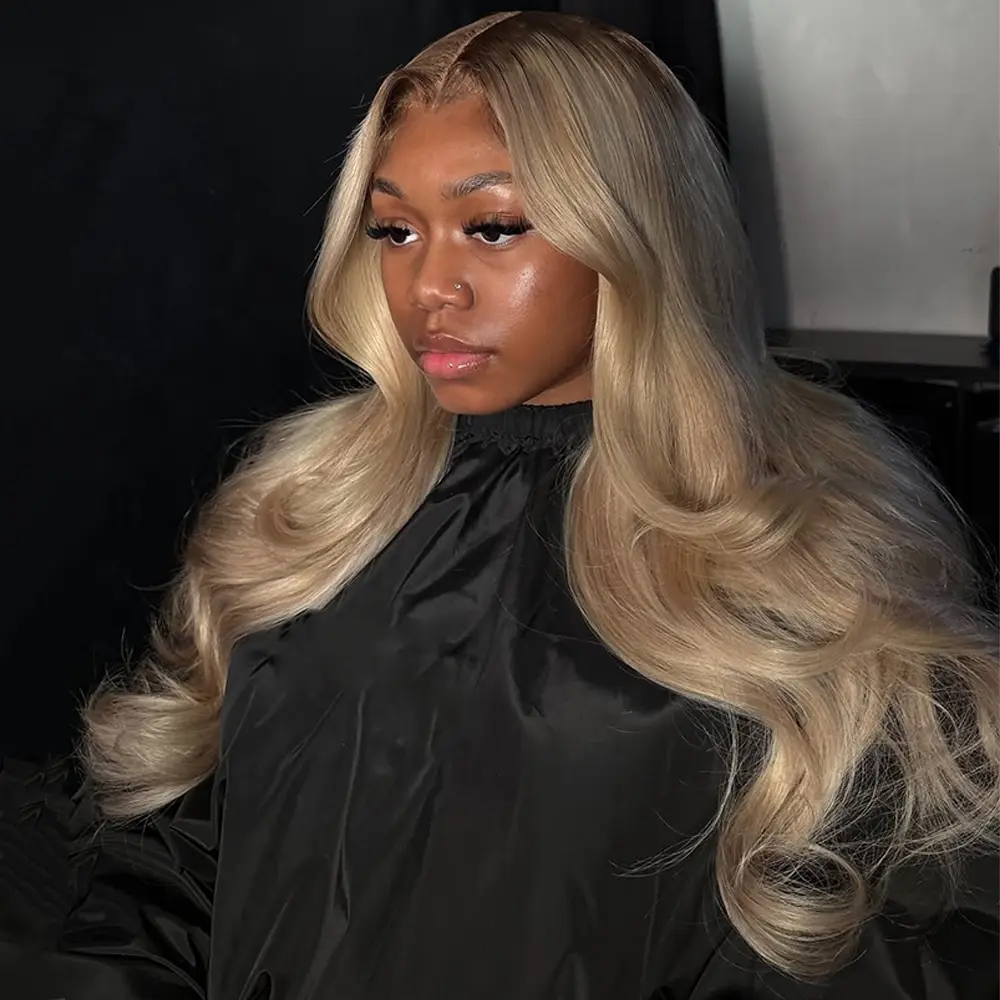 Milk Tea Body Wave Drawstring Pre-Cut Lace Wigs Ombre Brown Roots Ash Blonde Colored Pre Plucked With Baby Hair 13X6 HD Transparent Lace Front Wigs Can Be Restyled
