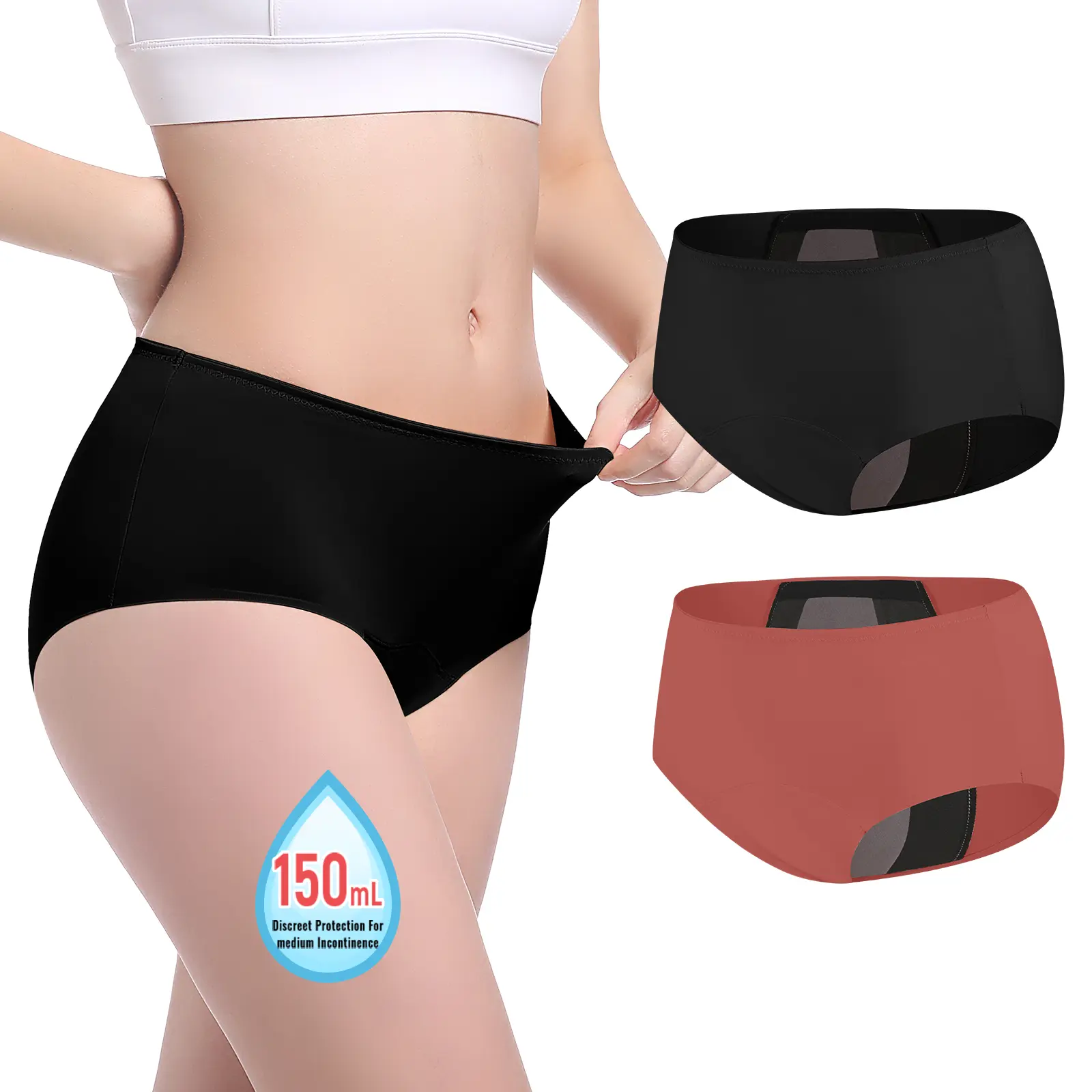 CARER Women's High-Rise Period & Incontinence Panties, 2-Pack Nylon Spandex with 150ml High Absorbency, Reusable Leakproof & Moisture Wicking for Postpartum, Day, Period Underwear, Breathable, Postpartum Incontinence