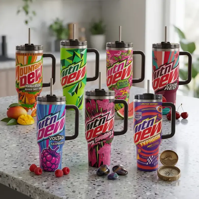 Collection Mtn Dew 40oz Tumbler With Handle, Colorful Soda Flavor Graphic Insulated Stainless Steel Travel Cup With Straw, Double-Wall Vacuum Insulated Stainless Steel with Straw Lid & Handle, Leak-Proof Thermal Mug