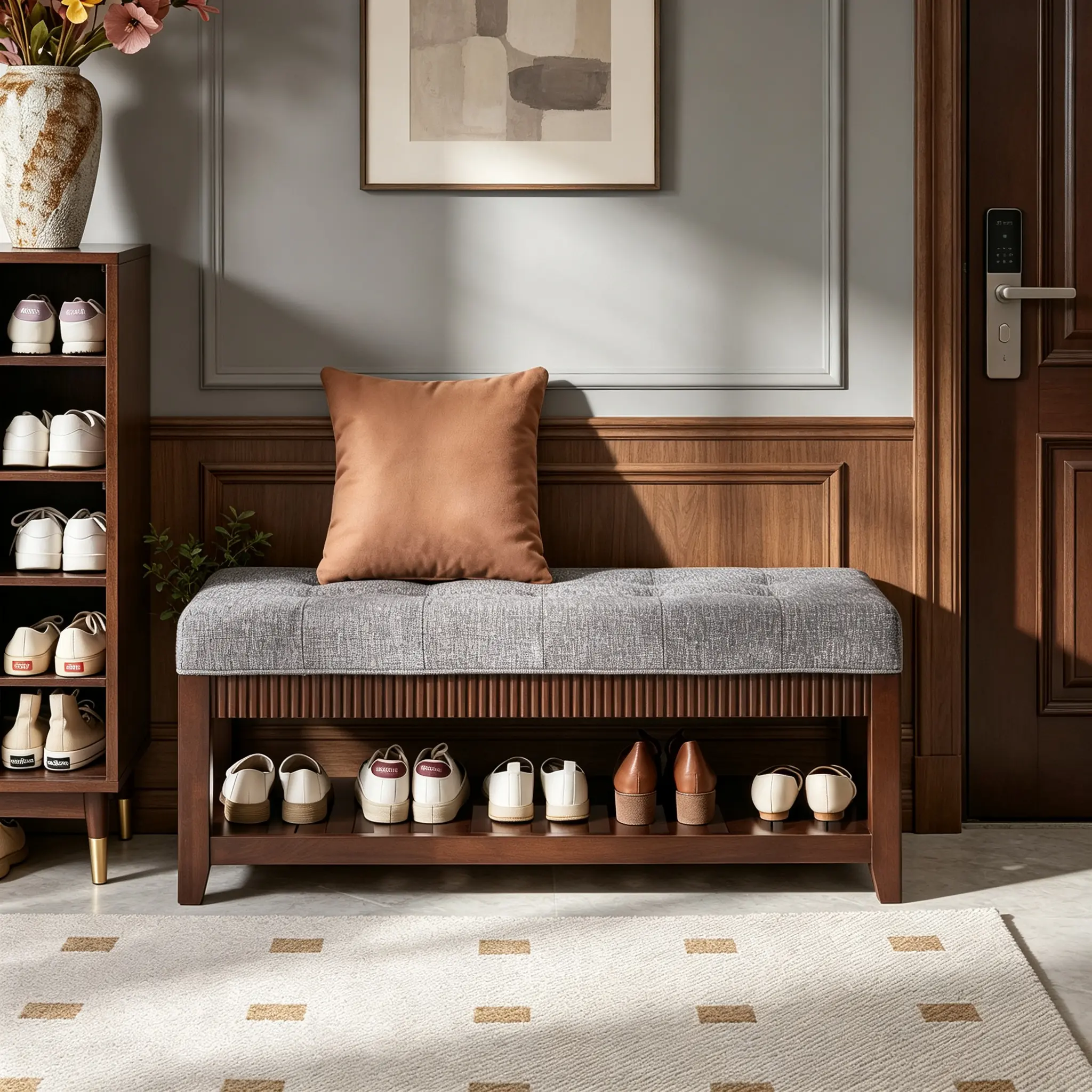 Solid Rubber Wood Entryway Bench｜Padded Cushion Upholstered Storage Bench with Lower Shoe Rack, Sturdy Solid Wood Furniture for Foyer Hallway Living Room