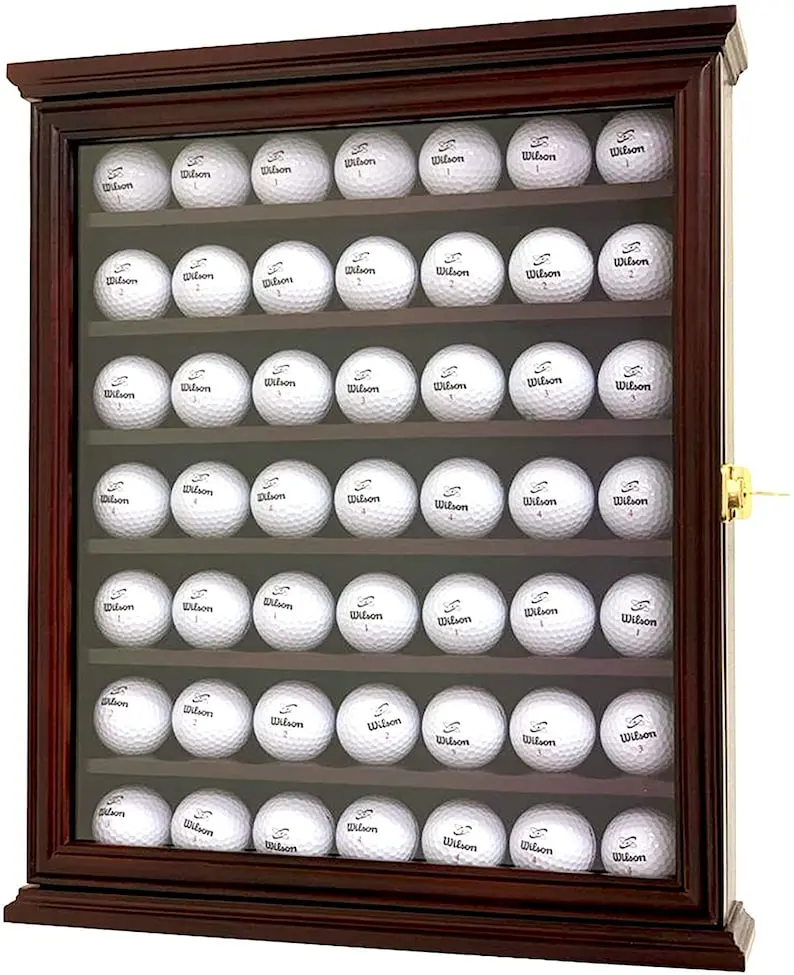 DECOMIL - Solid Wood Golf Ball Display Case Cabinet Wall Rack Holder UV Protection with & without Lockable Door (Cherry, 49 Golf Ball)