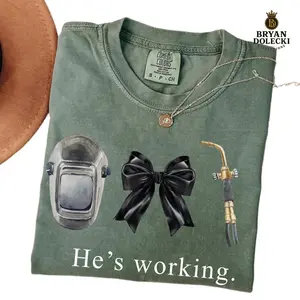 Comfort Colors Blue Collar Welder Wife He's Working Shirt, Welding Gf Gift, Welder Wife Tee, Funny Welding Gift, Welding Helmet Blue Collar