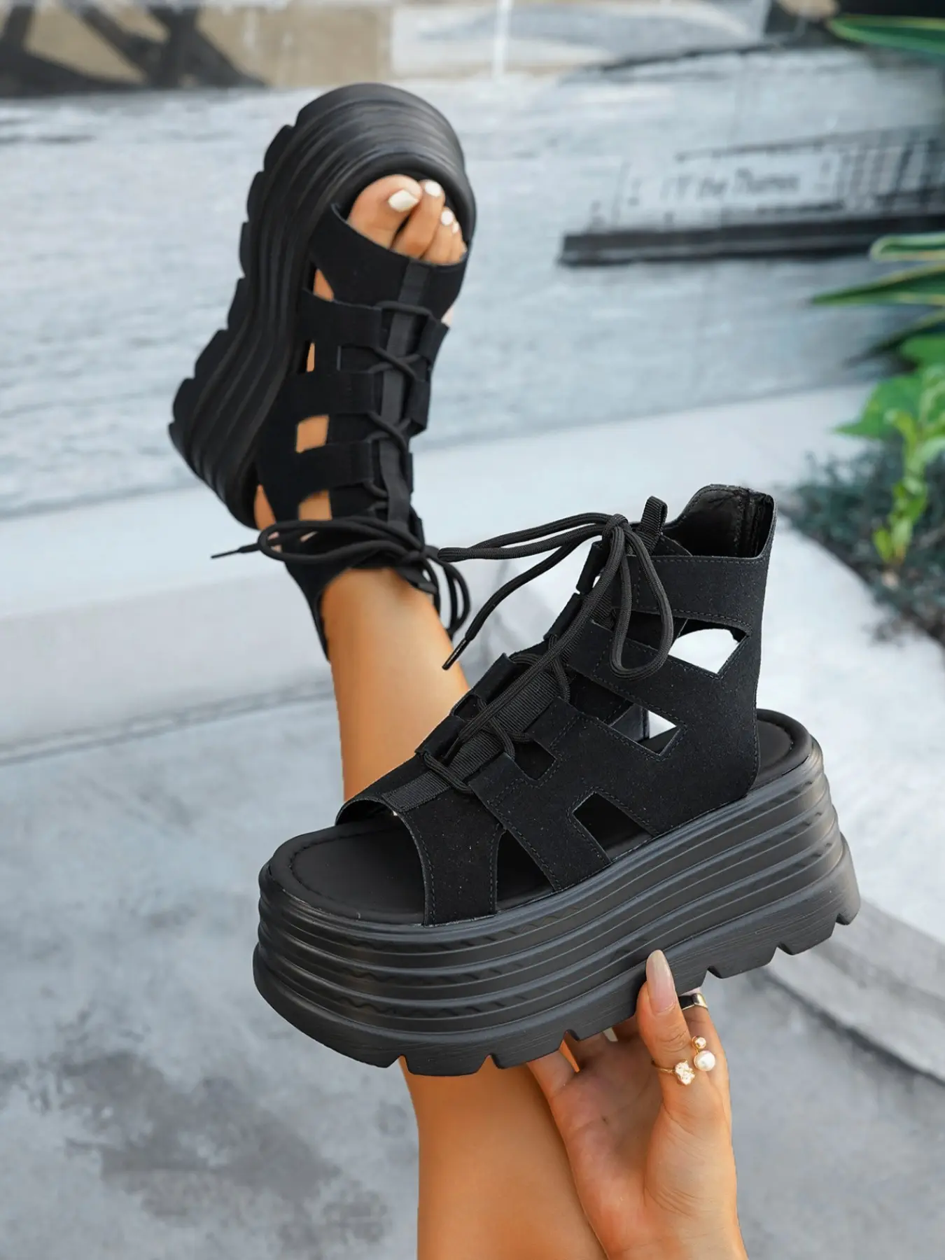 Women's Punk Style Roman Sandals, Heeled Sandal, Tie-Strap Hollow Out Platform Heel, Height-Increasing Outdoor Shoes, Fashionable Summer Footwear, Casual Outdoor Sandals, Higher Platform Sandals, All Match Sandals, Stylish Casual Sandals