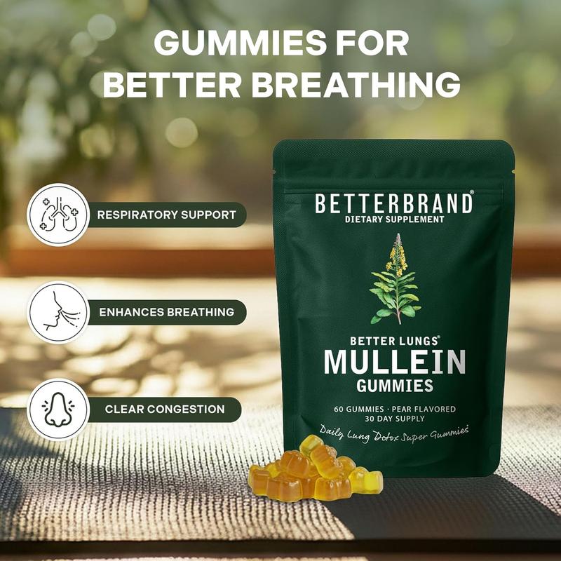 Betterbrand Mullein Lung Detox Gummies for Respiratory Health & Mucus Cleanse - 60 Pear Flavored Chewable Gummies - 30 Servings - Dietary Supplement for Respiratory Health Support