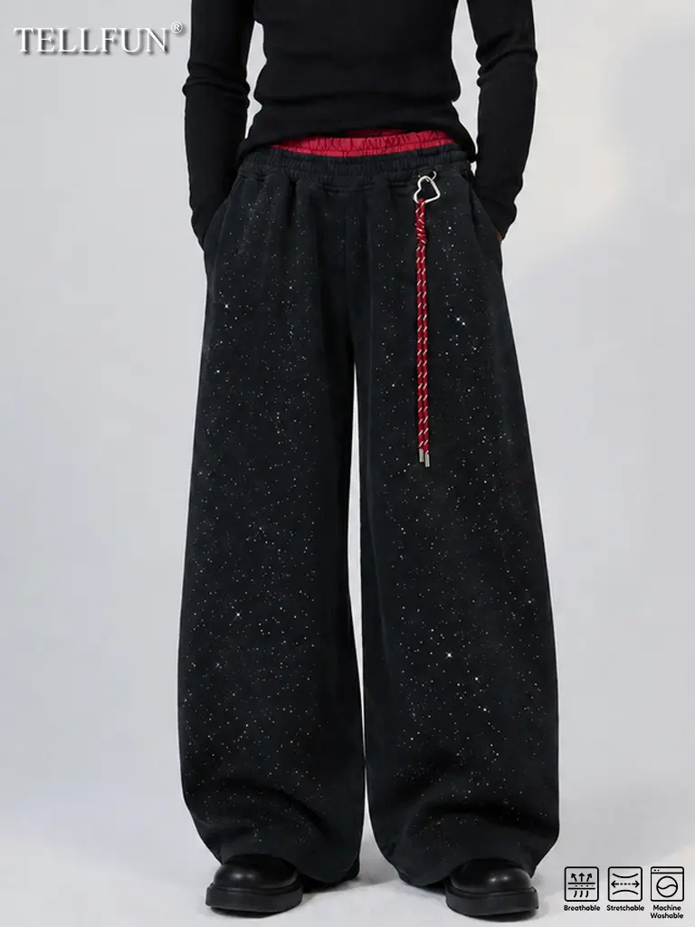 TELLFUN Men's Loose High-Waist Cotton Blend Year-Round Pants - Y2K Sequined Baggy Wide-Leg Sweatpants, Unisex Oversized Casual Streetwear Trousers for Everyday Loungewear,sohochic