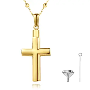 Cremation Urn Locket Necklace, Golden Stainless Steels Cross Keepsafe, Memorial Gifts for Human, Dainty Jewelry Hold Pet or Human Ashes