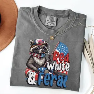Comfort Colors Red White  Feral Raccoon T-Shirt, Funny Patriotic Tee, 4th of July Independence Day Shirt, Funny Graphic T-Shirt