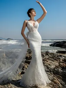 Women's Sleeveless Sexy V-Neck Lace Floral Sheer Long Dress, Glamorous Bodycon Elegant Wedding Dress
