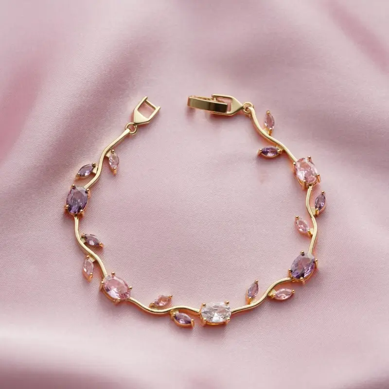 Gold Pastel Tulip Floral Bracelet-18K Coquette Flower Bracelet- Pink & Lilac Crystals – Fairytale Inspired Jewelry Gift for Her