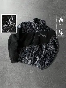 Men's Leopard Print Patchwork Jacket Coat, Fall Winter Fleece Lined Thickened, Unisex Fashion Outerwear