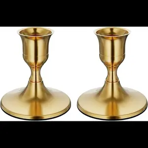 Brass Gold Taper Candle Holders Set of 2, Vintage Metal Candlestick Holders for Dinner Room Table Centerpiece or Mantel Wedding Party Decor