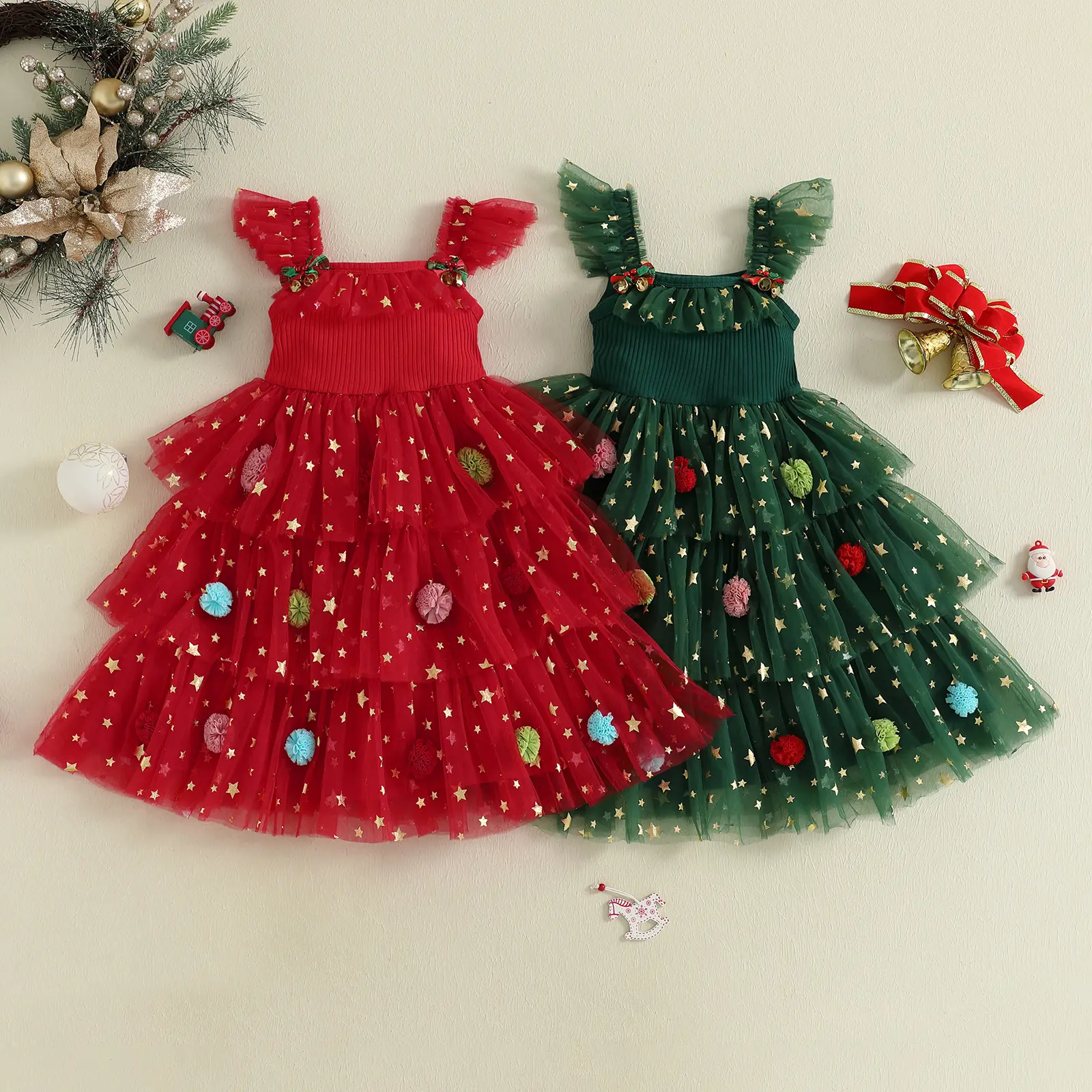 Little Girl Christmas Dress Star Sequin Layered Tutu Tulle Dress Girls Cake Smash Xmas Tree Dresses