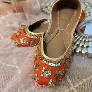 Orange Gold Beaded Embroidered Flats for Women Floral Closed Toe Wedding Party Shoes with Elegant Design Footwear