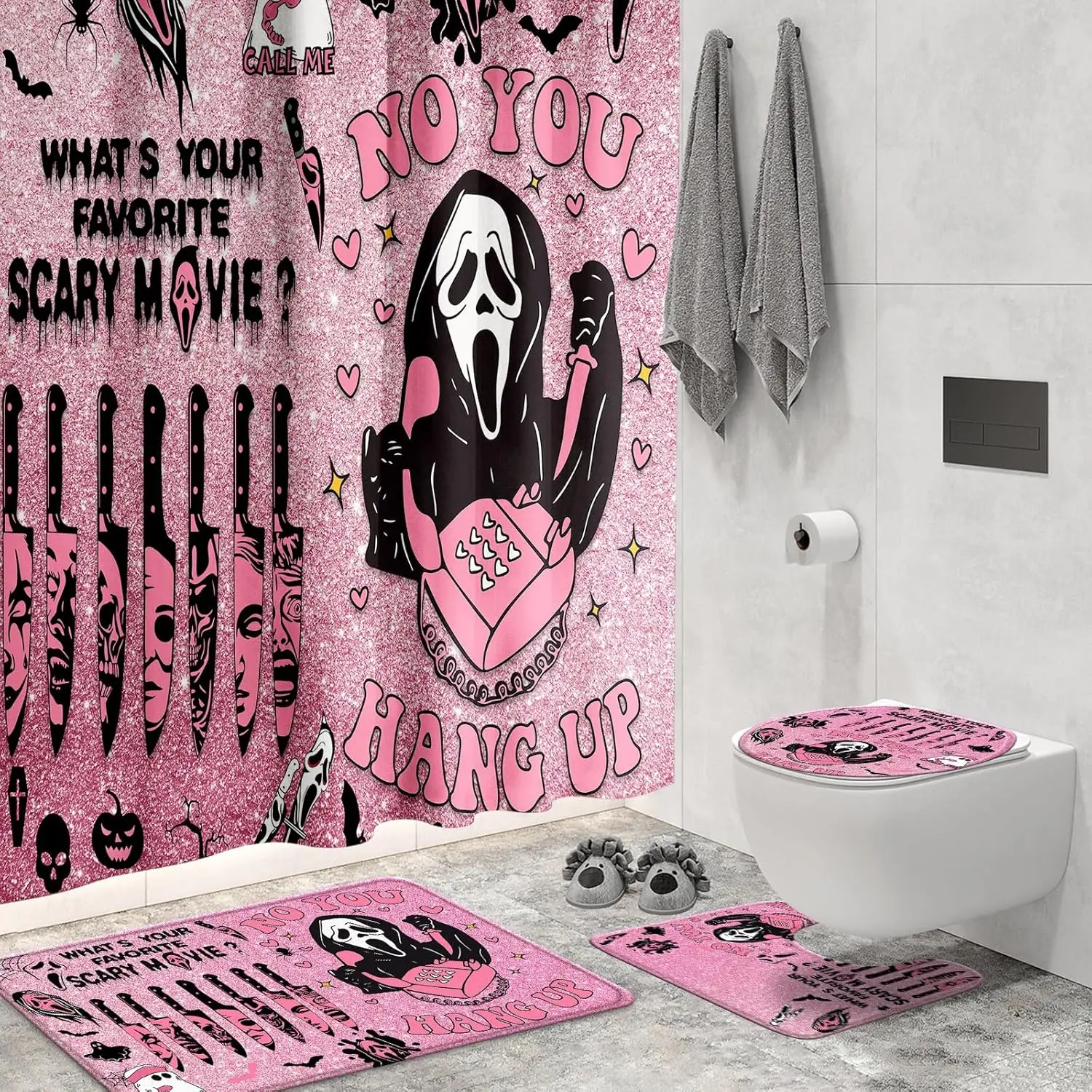 Gothic Theme 4-Pc Shower Curtain Set with Rug, Mat & Bathroom Accessories - Funny Decor for Halloween Party Bathroom, Home Supplies