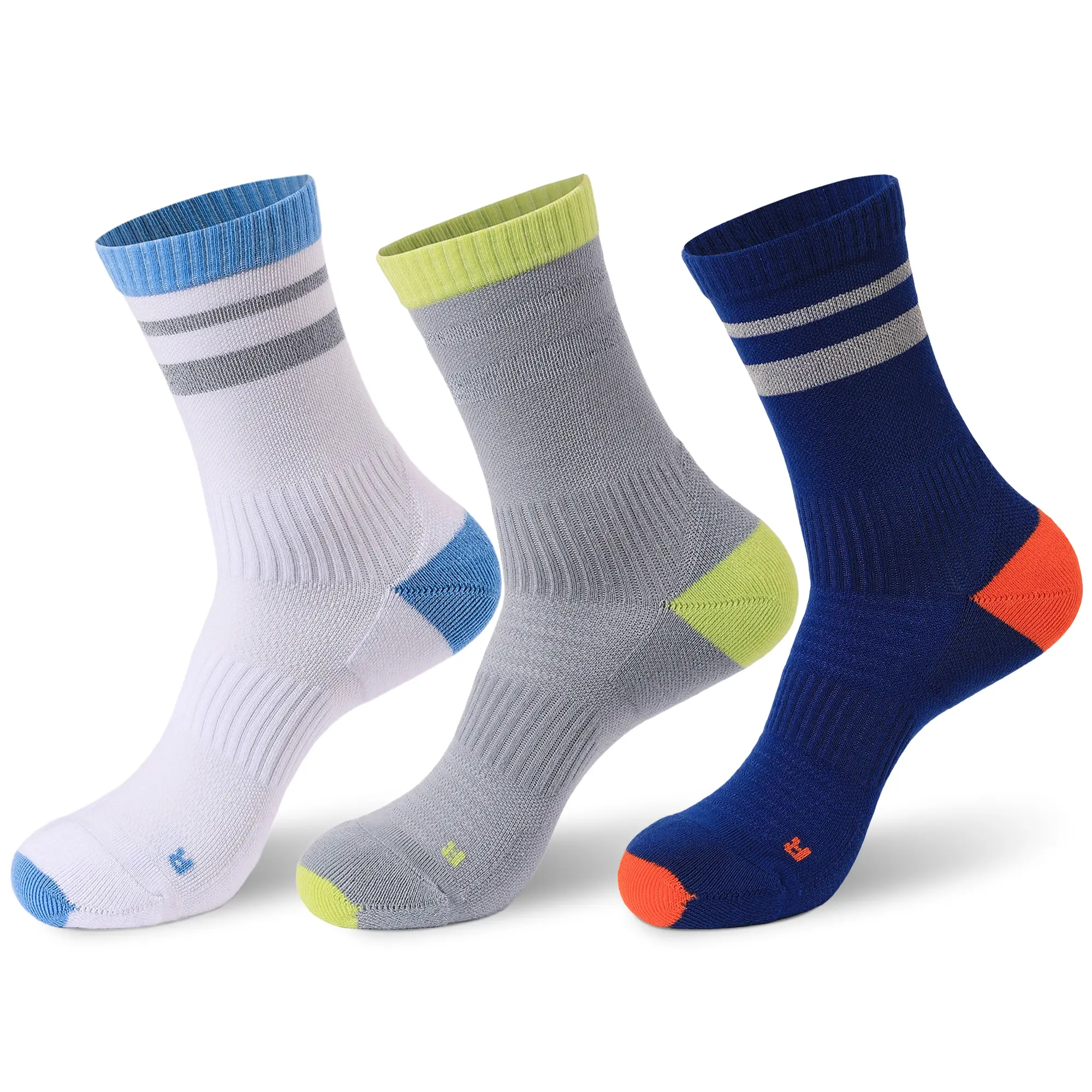 3 Pairs Cycling Socks with Reflective Yarn, Moisture Wicking, High Elasticity, Shock Absorption for Running, Cycling, Basketball, Badminton (White/Gray/Blue)