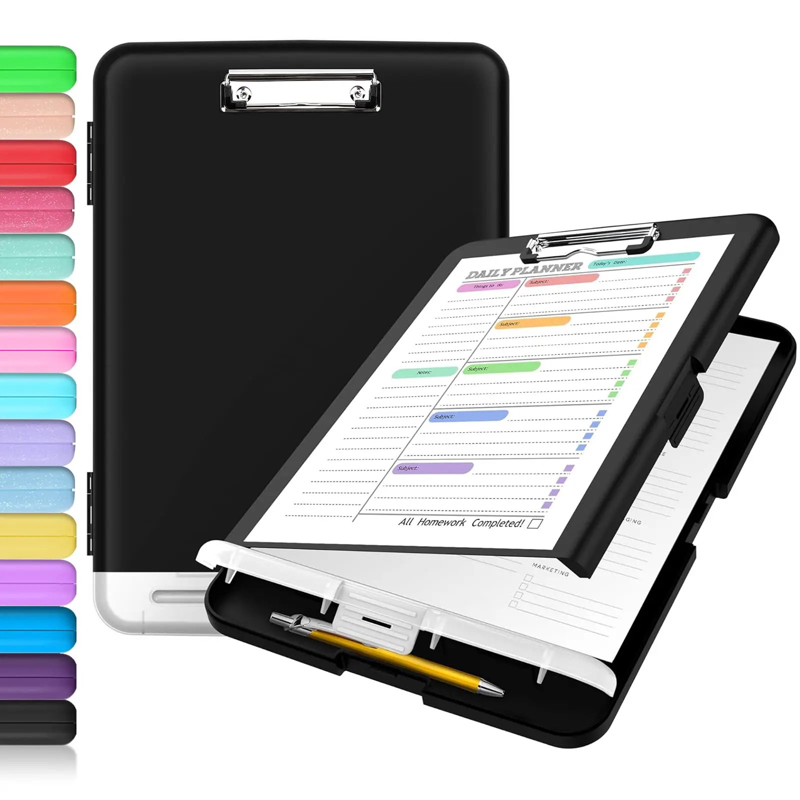 Plastic Clipboard with Storage Case, 8.5x11/A4 High-Capacity Clipboard (10"w x 1-1/4"d x 14-1/2"h) with 2 Compartments, Low-Profile Clip, Pen Holder, Unisex Nursing & Teacher Office School Supplies