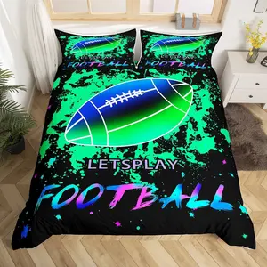 Football Luxury Rugby 3D Ball Duvet Cover,Gaming Sports Bedspread Cover,Green Blue Neon Galaxy Cozy Bedroom Decor Quilt Cover,No Comforter