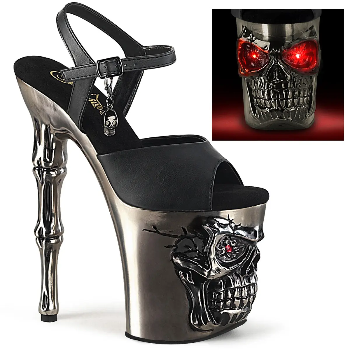 Women's Stylish Heeled Footwear - RAPTURE-809-LT Pewter Skull Sculpted Satin 8-in Platform High Heels, Women's Fashion, Led Lights, Ankle Strap, Static Lights, Chrome Pewter