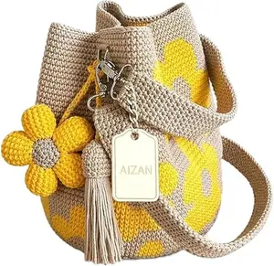 Handmade Crochet Flower Tote Knit Floral Purse Bag Boho Beach Handbags Crossbody Shoulder Bag for Women Vacation