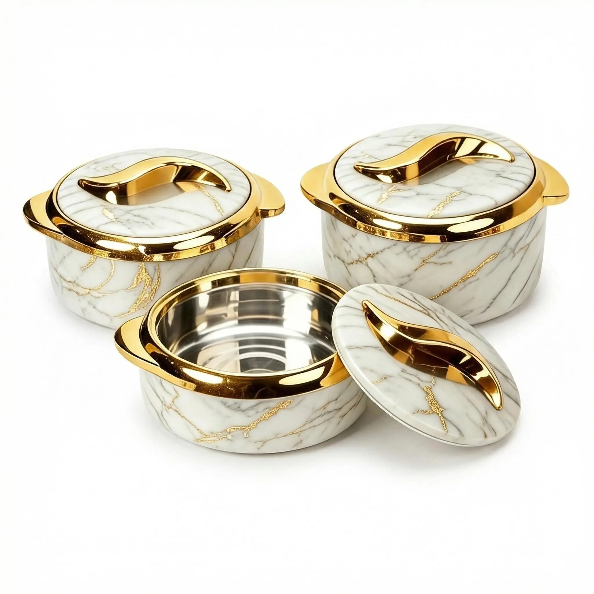 3Pcs Food Grade SS Insulated Bowls with Lids, Marble Print Gold Design, Hot Food-Keeping Casserole Containers for Kitchen Party Use