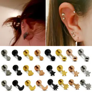 Tooth Stud Earrings Heart-shaped Five-star Ball Earbone Nails Sun Moon Lip Studs Stainless Steel Flat Bottom Straight Rod Earrings