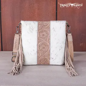 Trinity Ranch Hair-On Cowhide Tooled Floral Fringe Concealed Carry Crossbody Bag with Detachable Strap & Secure Storage Pocket