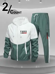 Two-Piece Set Men's Colorblock Drawstring Zip Up Hoodie & Elastic Waist Sweatpants, Regular Fit Casual Long Sleeve Hooded Jacket & Trousers for Fall & Winter, Men's Outfits for Daily Wear