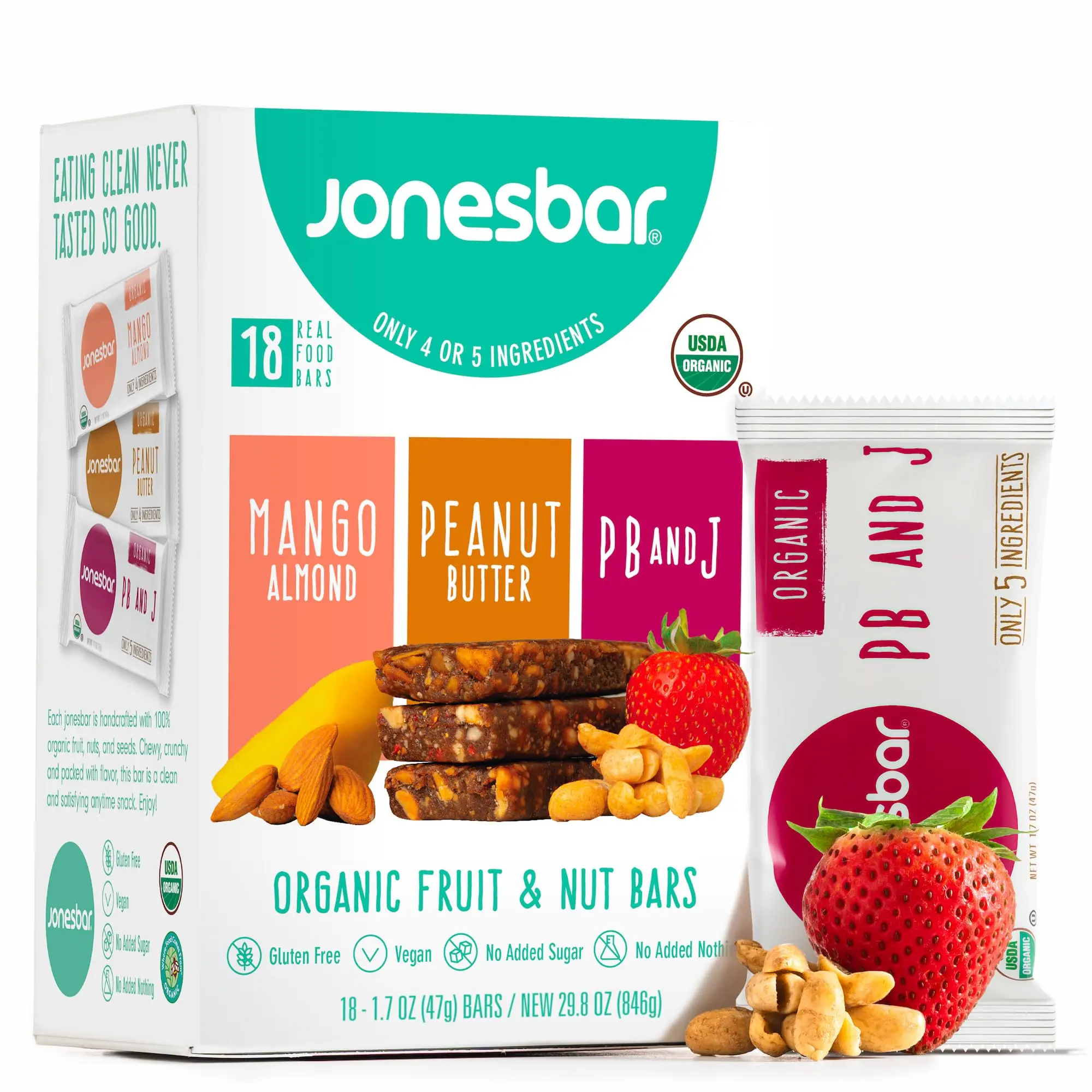 Jonesbar Organic Protein Bars Variety Pack - 18 Count | Vegan Snacks, Gluten Free, Kosher, Healthy Snack Bar