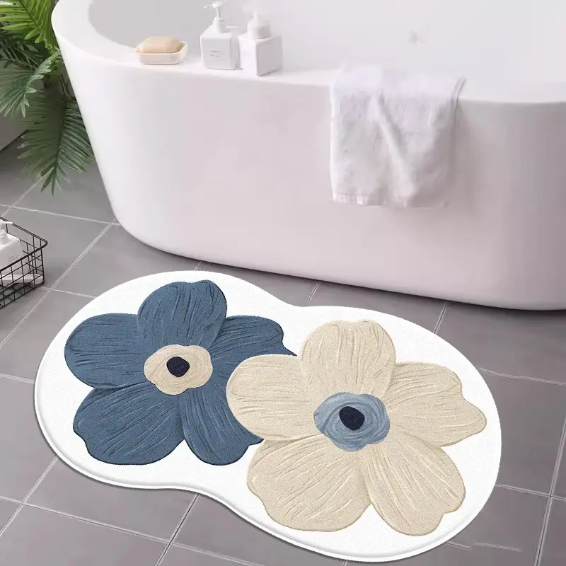 Elegant Blue Floral Bath Mat Non Slip, Soft Plush Comfortable Foot Pad, Home Decor Bedroom Bedside Rug, Entrance Doorway Mat, Bathroom Drying Doormat, Suitable for Living Room, Bathroom Decorative Mat, Bath Mats for Bathroom