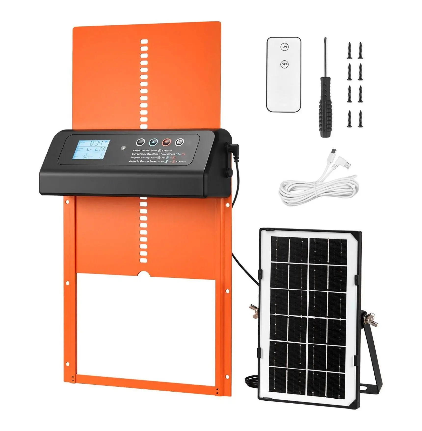 Automatic Chicken Coop Door Opener, Solar & Battery Powered, Timer & Light Sensor, Anti-Pinch, Aluminum Alloy, LCD Display, Orange Solar Charging, Day and Night Use, Waterproof, All Seasons, All-Day Run, Flock Safe, Auto Open, Easy Installation