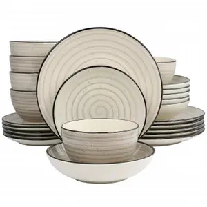 212 MAIN Elama Gia Round Stoneware Dinnerware Set - 24-Piece Cream Finish Hand-Painted Stackable Tableware Set with Round Plates
