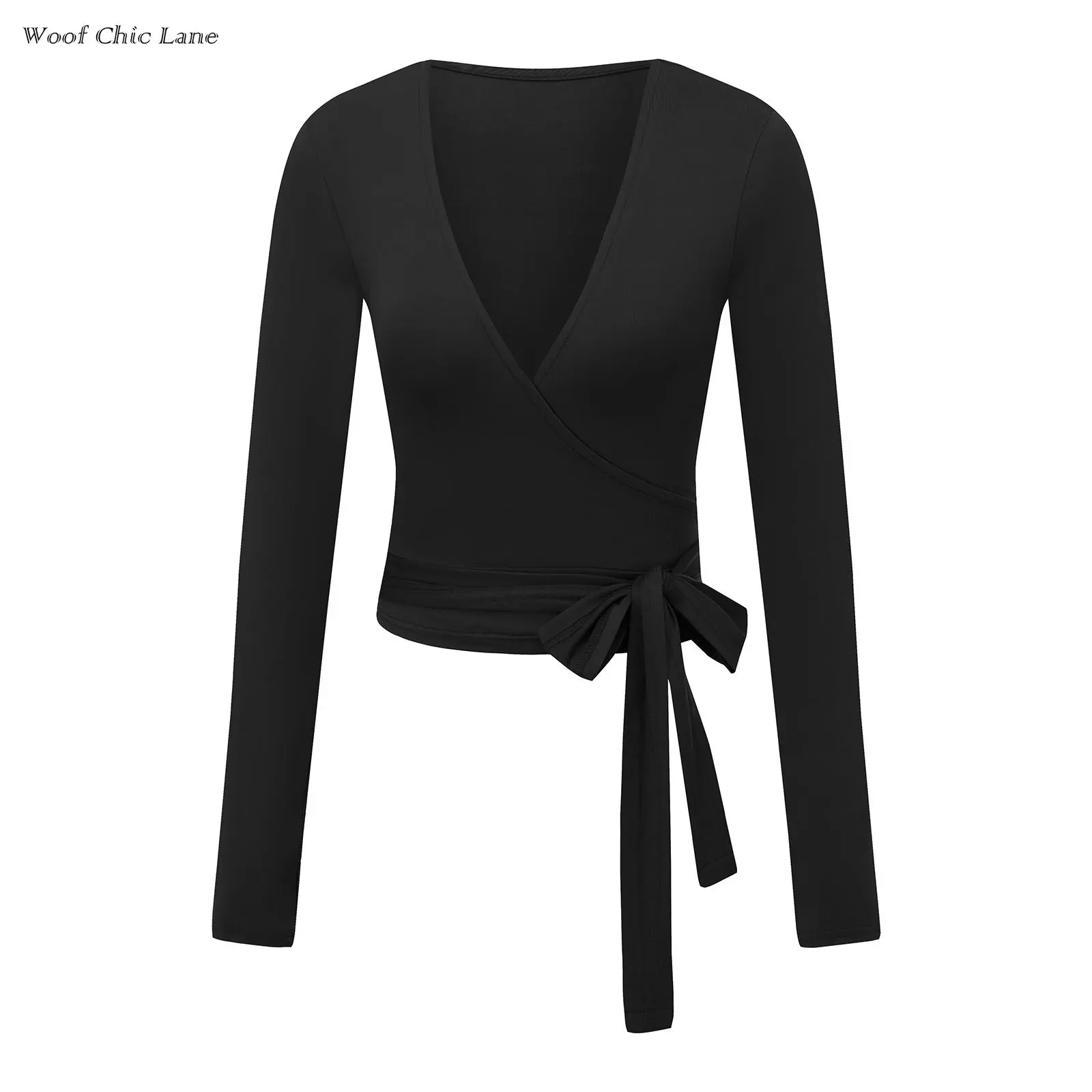 Women's Long-Sleeved Bodycon Base Layer Top - Solid Color Deep V-Neck Tie WaistFit Fitness Yoga T-Shirt, Y2K Style Sports Top (S-XL)