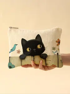 Cat Pattern Corduroy Makeup Bag, Lightweight Zipper Makeup Bag, Multifunctional Makeup Organizer for Toiletries and Accessories, Handheld Cosmetic Pouch