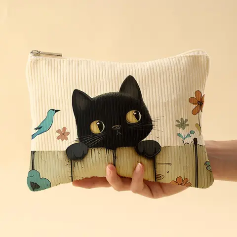 Cat Pattern Corduroy Makeup Bag, Lightweight Zipper Travel Makeup Pouch, Multifunctional Makeup Organizer for Toiletries and Accessories, Cosmetic Pouch, Cosmetic Bags