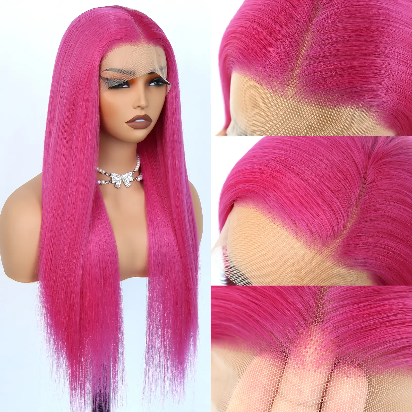 Aodbar hairs Hot Pink Long Straight Lace Frontal Wig Daily Style 13*4 HD Transparent Lace Wig  Long Strawberry Pink Color Straight Wig Glueless Synthetic Lace Front Wig Heat Resistant Fiber Hair