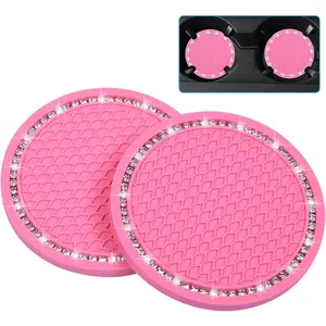 Wisdompro Bling PVC Car Coasters, 2 Pack-Anti Slip Universal Vehicle Interior Accessories, 2.75" Diameter Pink Cup Holder Inserts for Men and Women