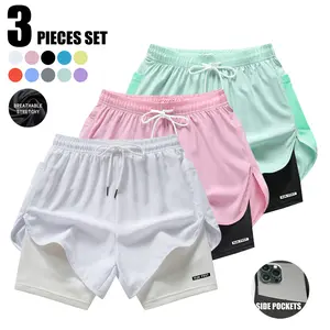 Women’s 3-piece sports running shorts set for fitness training—quick-drying, sweat-wicking, breathable; summer; includes lining; women’s sports shorts; women’s shorts set