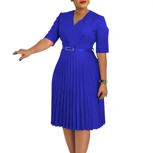 two-piece set woman Church Dresses for Women Elegant V Neck Half Sleeves Pleated A-Line Midi Dress Female Classy Modest African Summer Fashion Gowns Formal Chic Womenswear Blue Elegance Skirt Style