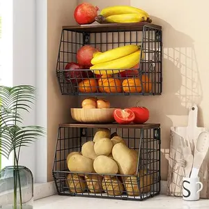 2pcs Fruit Basket Kitchen Storage Basket with Wood Lid, Stackable Wall Basket Fruit Basket for Kitchen,  Fruit and Veggie Storage,