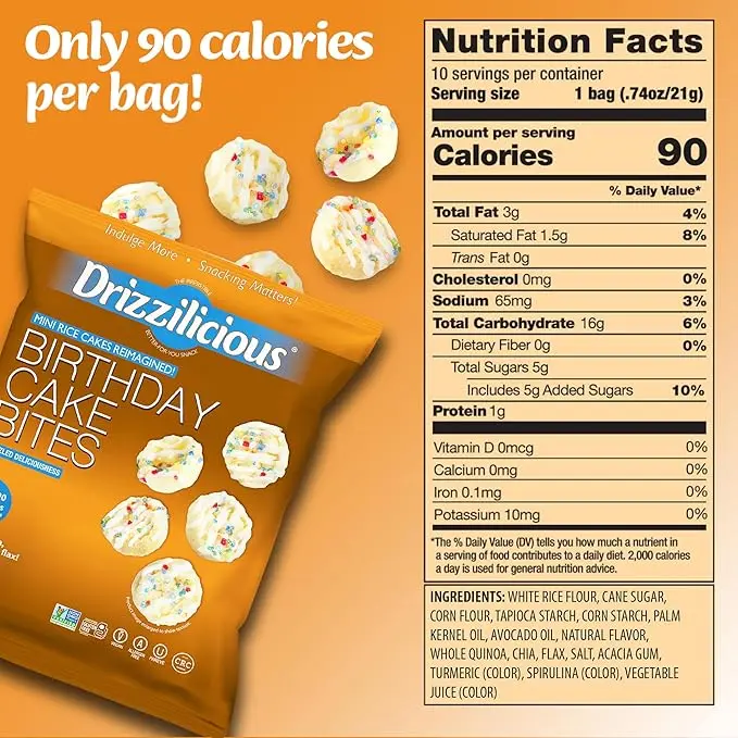 32 Pack - Drizzilicious - Variety Pack Mini Rice Cakes [S'mores, Cinnamon Swirl, Birthday Cake] Only 90 Calories Per Bag - .74 oz