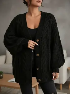 Women's Loose Solid Button Front Lantern Sleeve Cable Knit Cardigan, Casual V Neck Long Sleeve Knitwear for Fall & Winter, Women's Knit Clothing for Daily Wear, Tops Womenswear