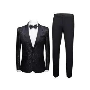 Mens 2 Piece Floral Jacquard Dress Suit Set 1 Button Print wedding Dinner Jacket Pants-Black